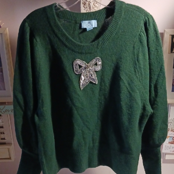 Gorgeous! CeCe Forest Green Sweater with Embellished Bow - Picture 10 of 10